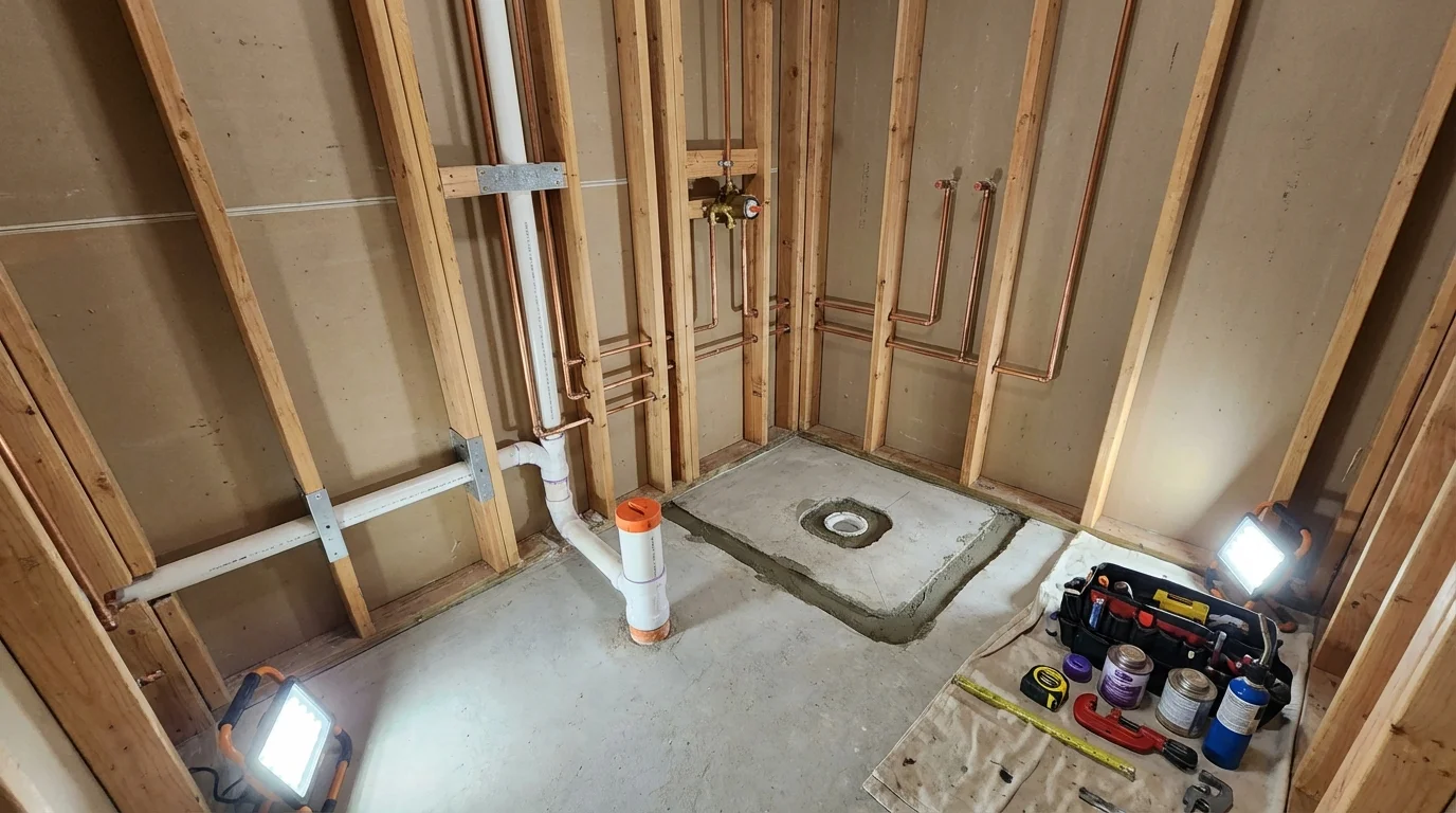 Bathroom rough-in plumbing during remodel by Johns Plumbing LLC in Sheridan