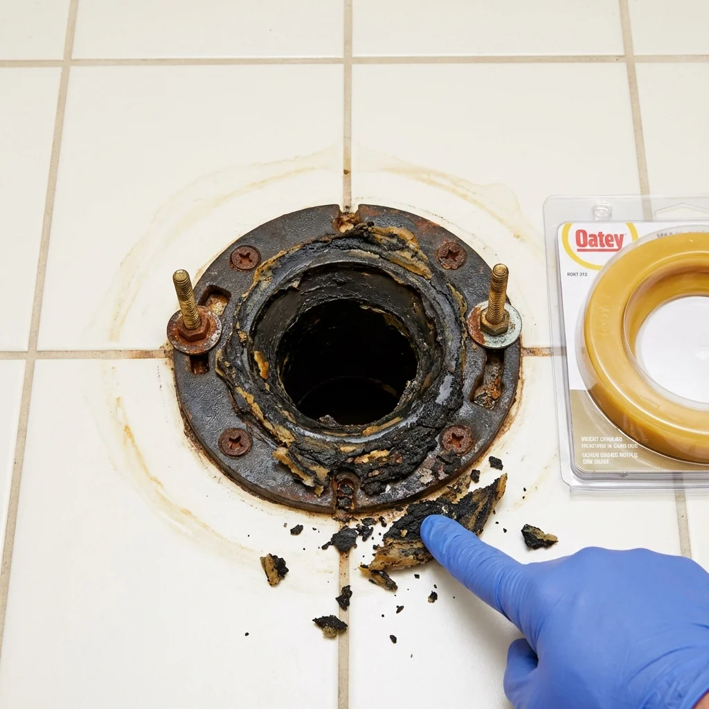 Failed wax ring showing water seepage at the base of a toilet in a Sheridan, IN home