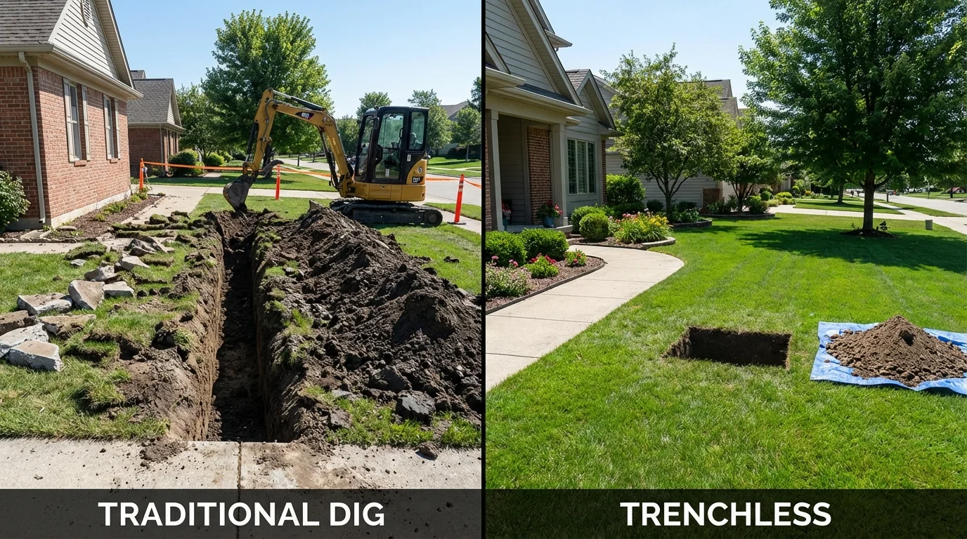 Trenchless sewer repair with minimal yard damage versus traditional excavation in Sheridan, IN