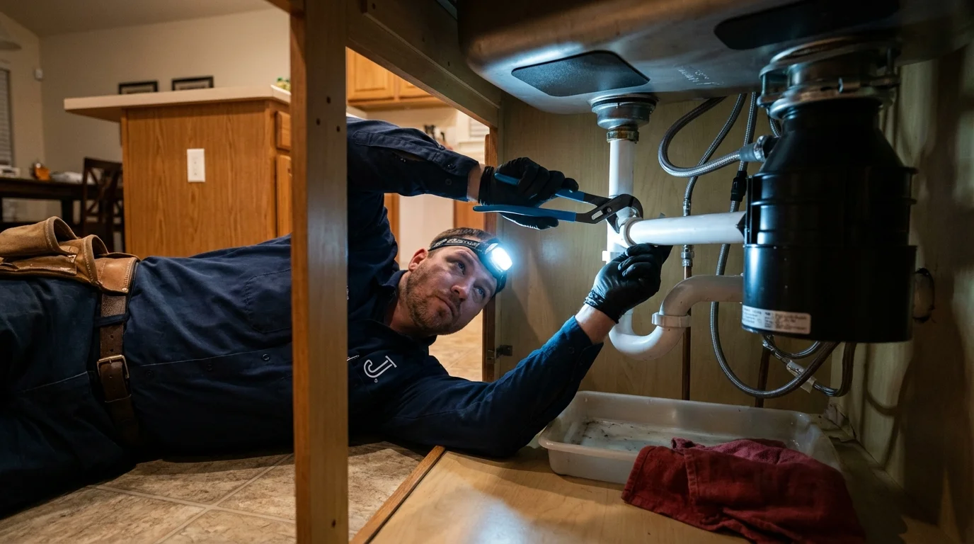 P-trap and supply line connections under a kitchen sink showing a common leak point in Sheridan, IN